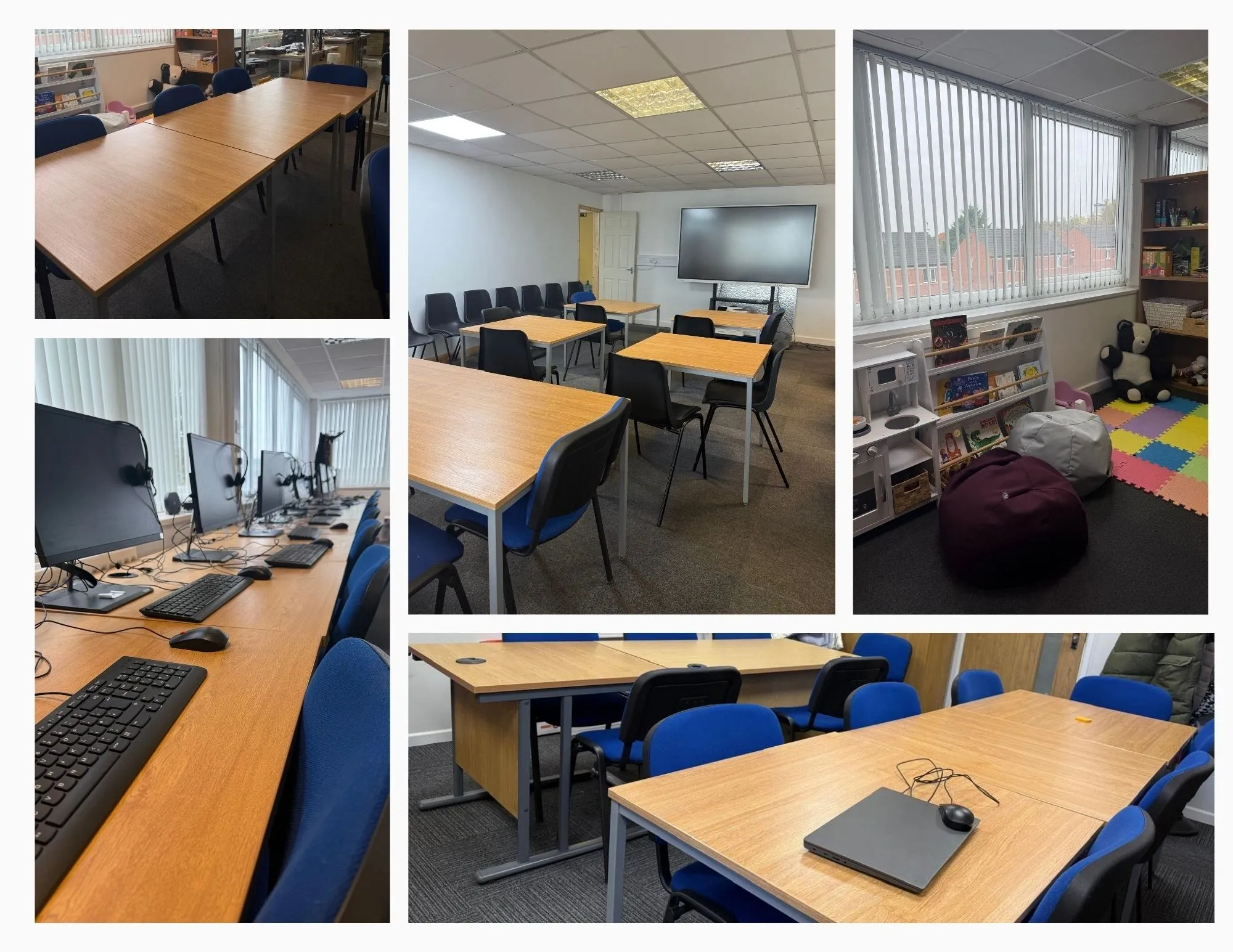 Skill Up Notts centre: classrooms with tables and blue chairs, a computer suite, a teaching screen and a children’s play corner